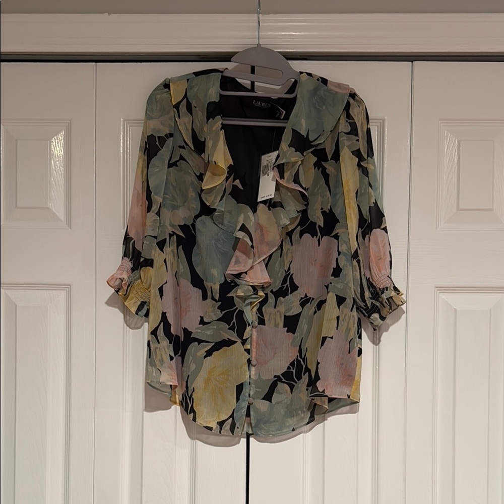 Ralph Lauren Black Floral Blouse with Ruffle Detail